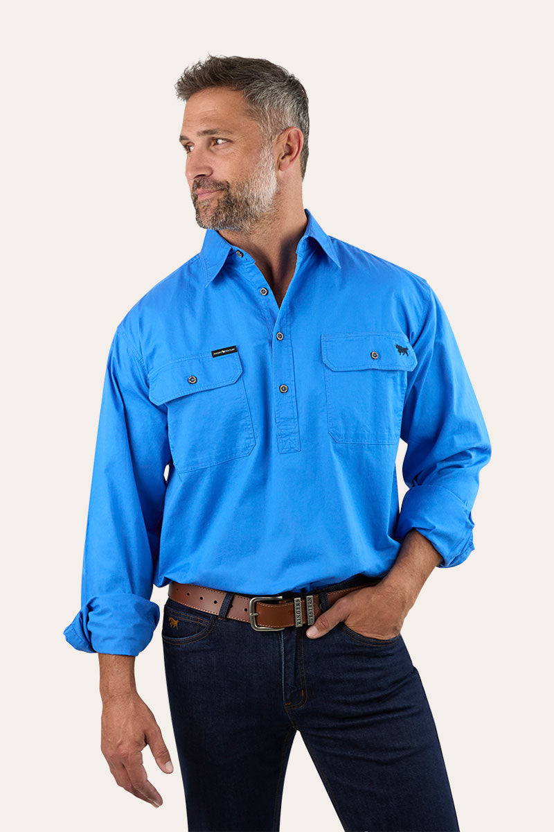 King River Mens Half Button Work Shirt - Blue