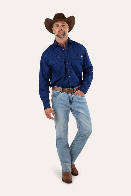 King River Mens Full Button Work Shirt - Navy