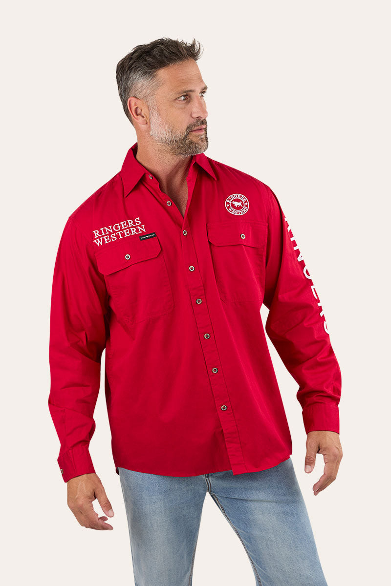Hawkeye Mens Full Button Work Shirt - Red/White