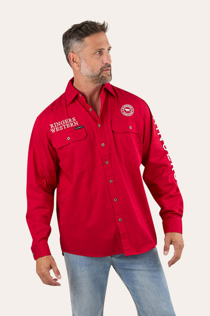 Hawkeye Mens Full Button Work Shirt - Red/White