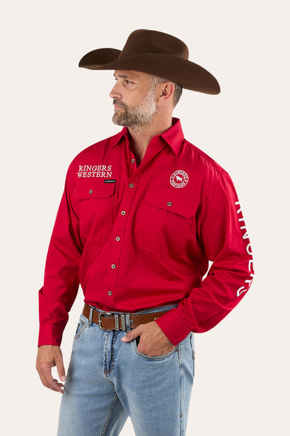 Hawkeye Mens Full Button Work Shirt - Red/White