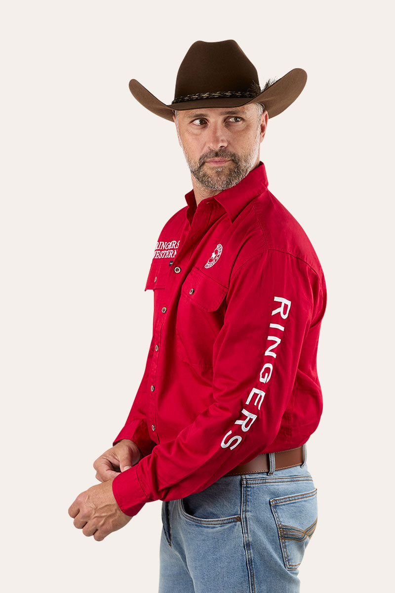 Hawkeye Mens Full Button Work Shirt - Red/White