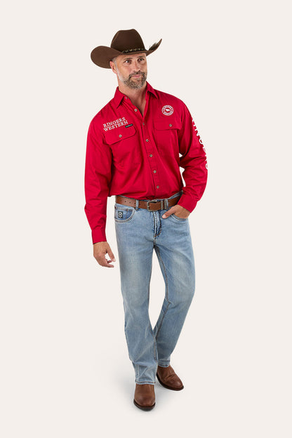 Hawkeye Mens Full Button Work Shirt - Red/White