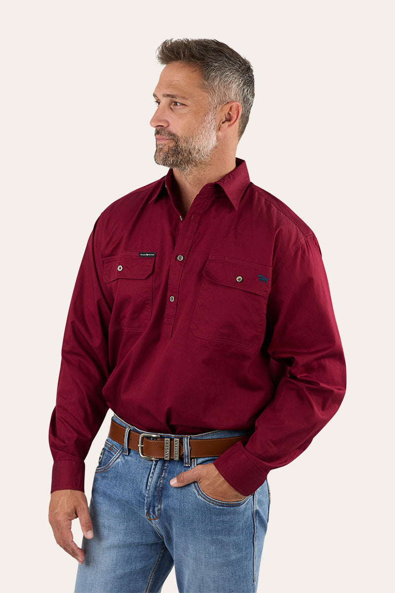 King River Mens Half Button Work Shirt - Burgundy