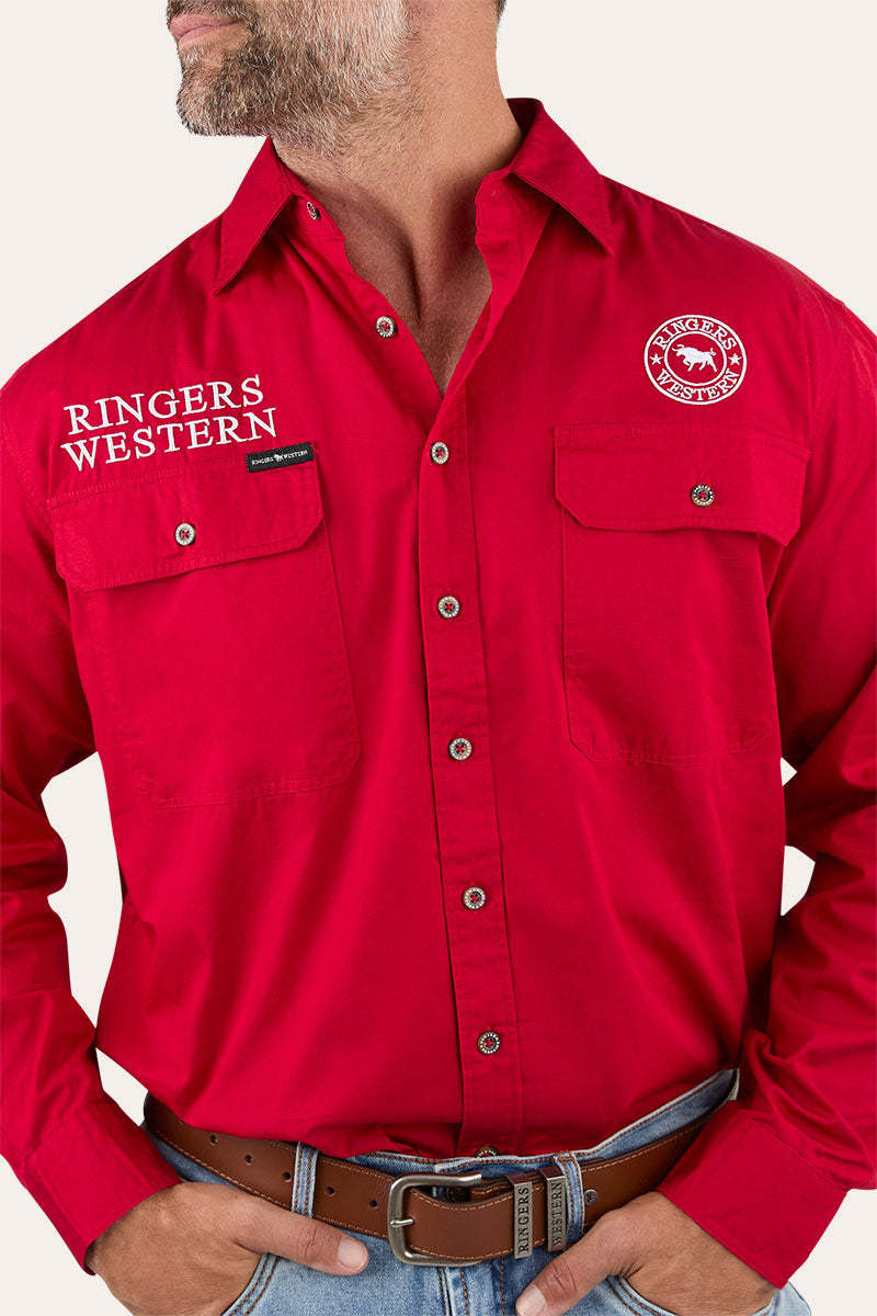 Hawkeye Mens Full Button Work Shirt - Red/White