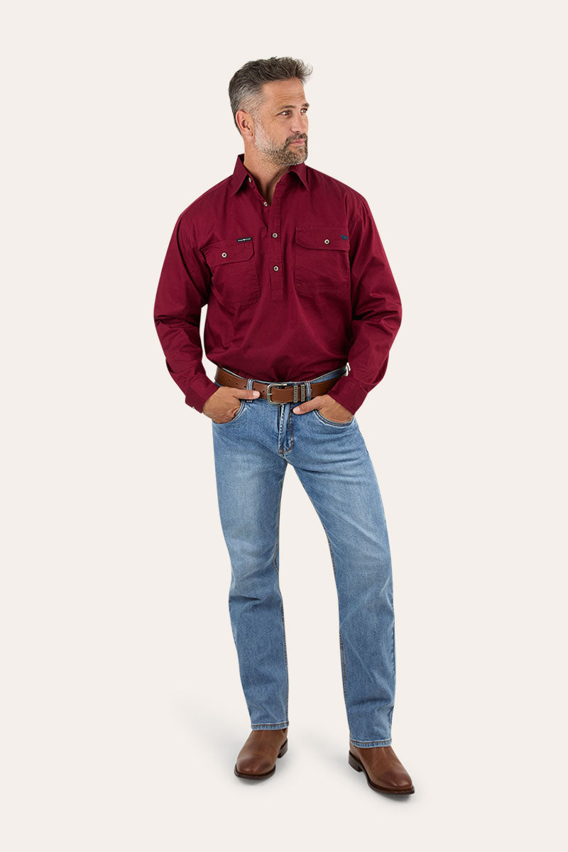 King River Mens Half Button Work Shirt - Burgundy