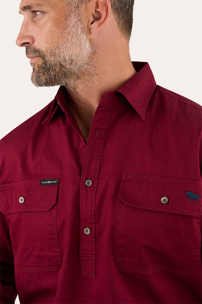 King River Mens Half Button Work Shirt - Burgundy