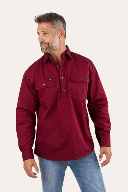 King River Mens Half Button Work Shirt - Burgundy