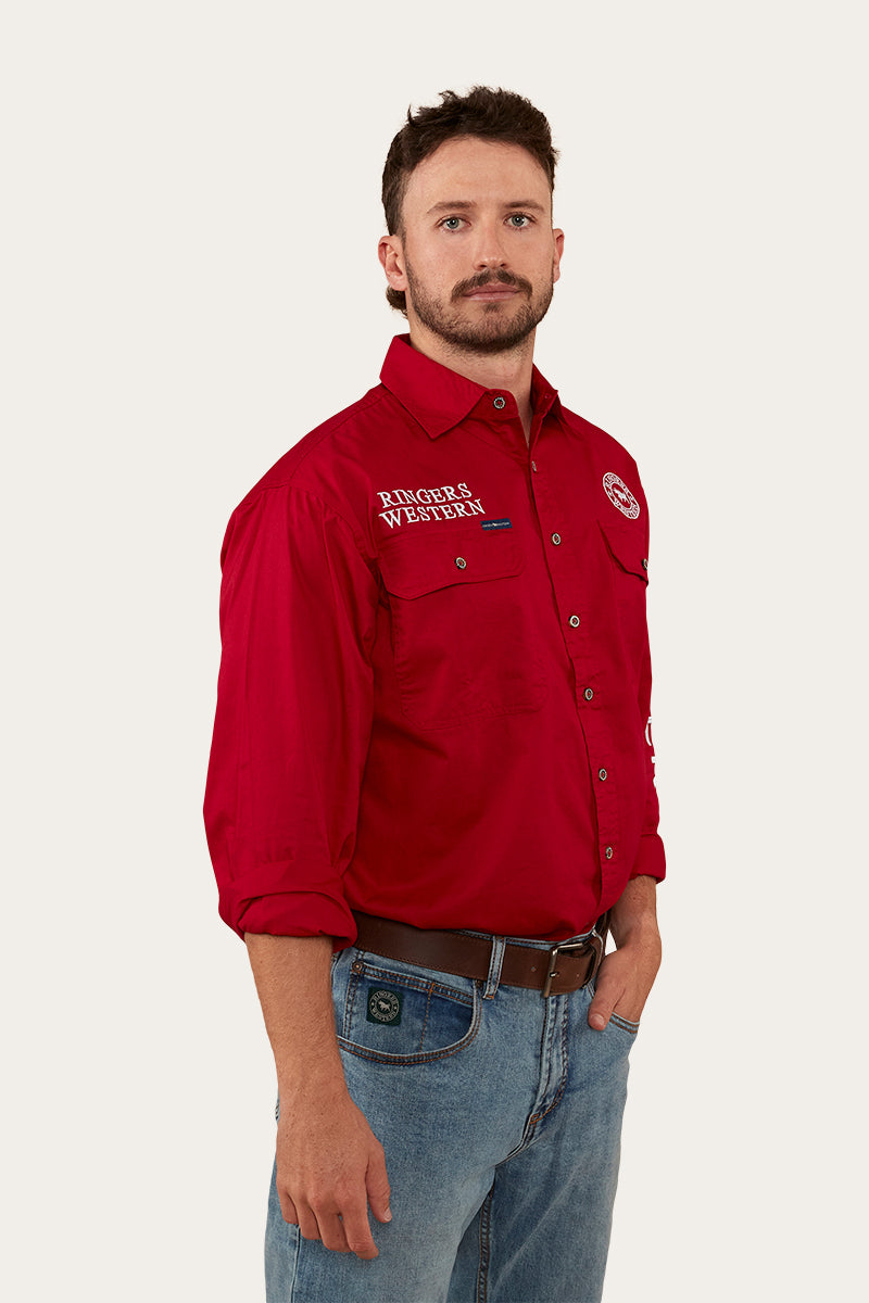 Hawkeye Mens Full Button Work Shirt - Red/White