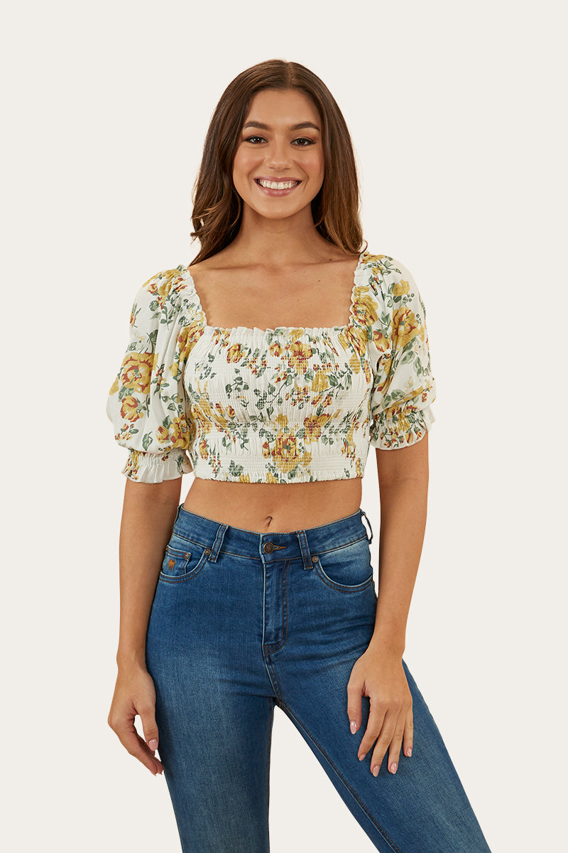Rosabel Womens Shirred Top - White/Yellow