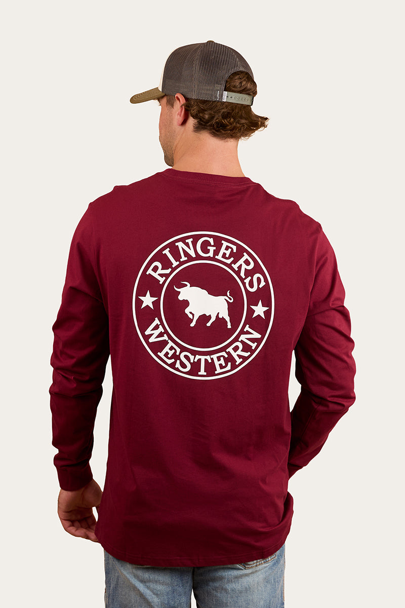 Signature Bull Mens Loose Fit Long Sleeve T-Shirt - Burgundy/White