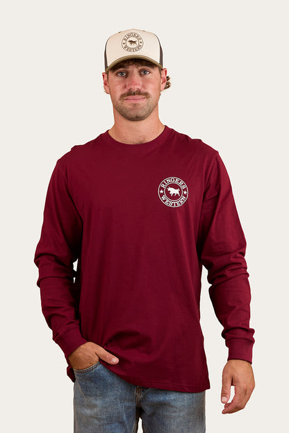 Signature Bull Mens Loose Fit Long Sleeve T-Shirt - Burgundy/White