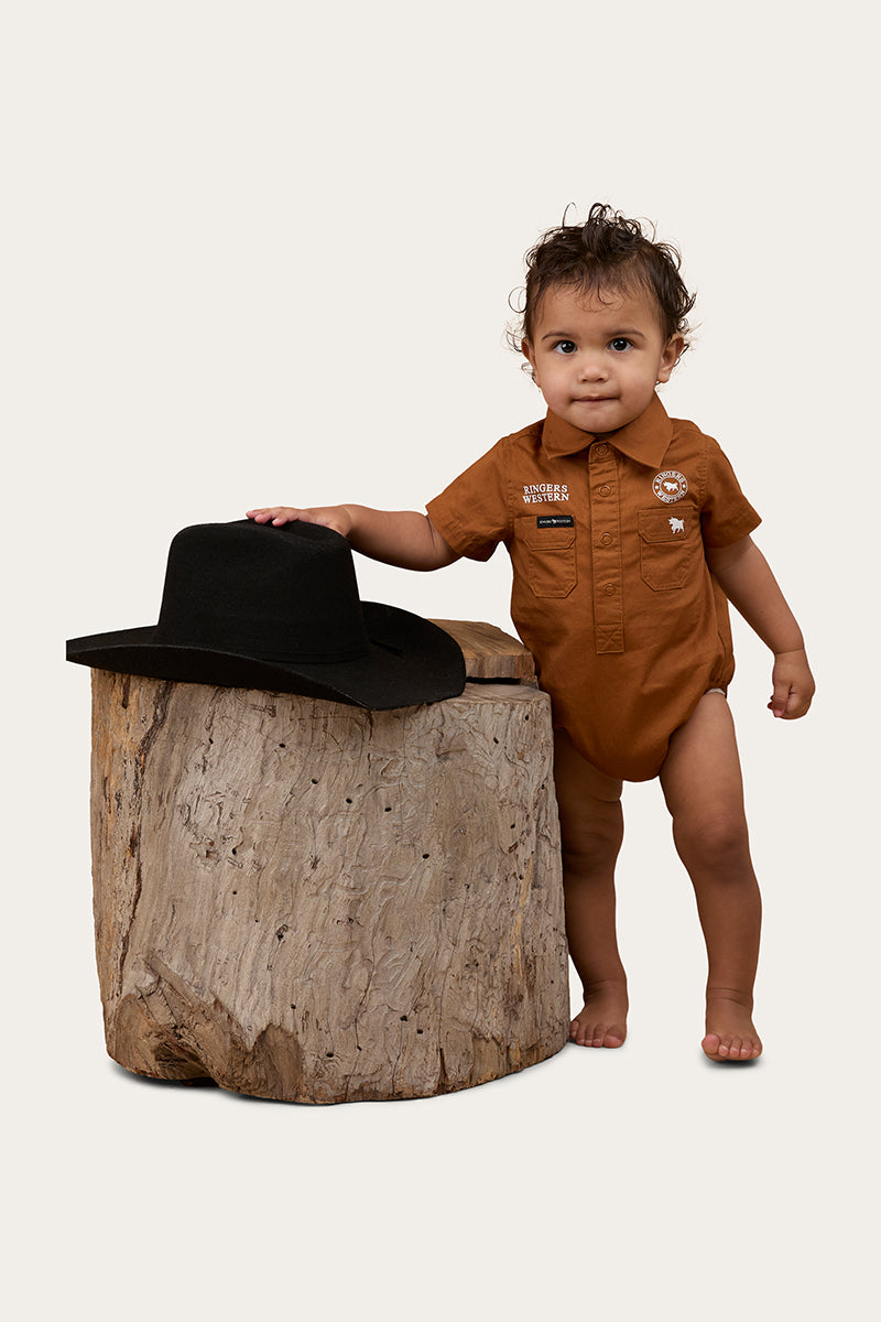 Ringers Babies Short Sleeve Work Shirt Romper - Tobacco / White