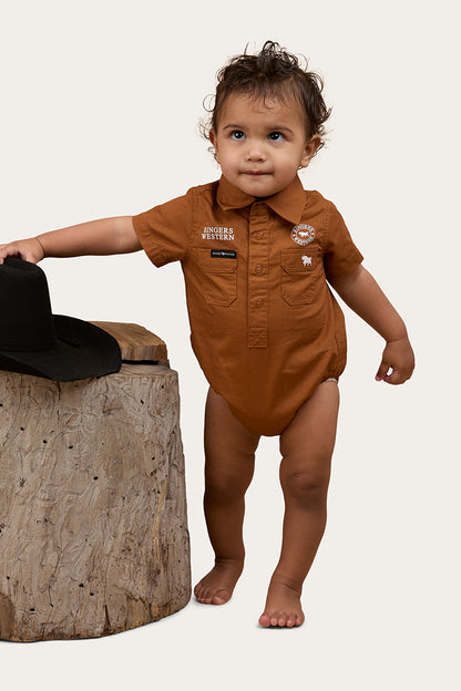 Ringers Babies Short Sleeve Work Shirt Romper - Tobacco / White
