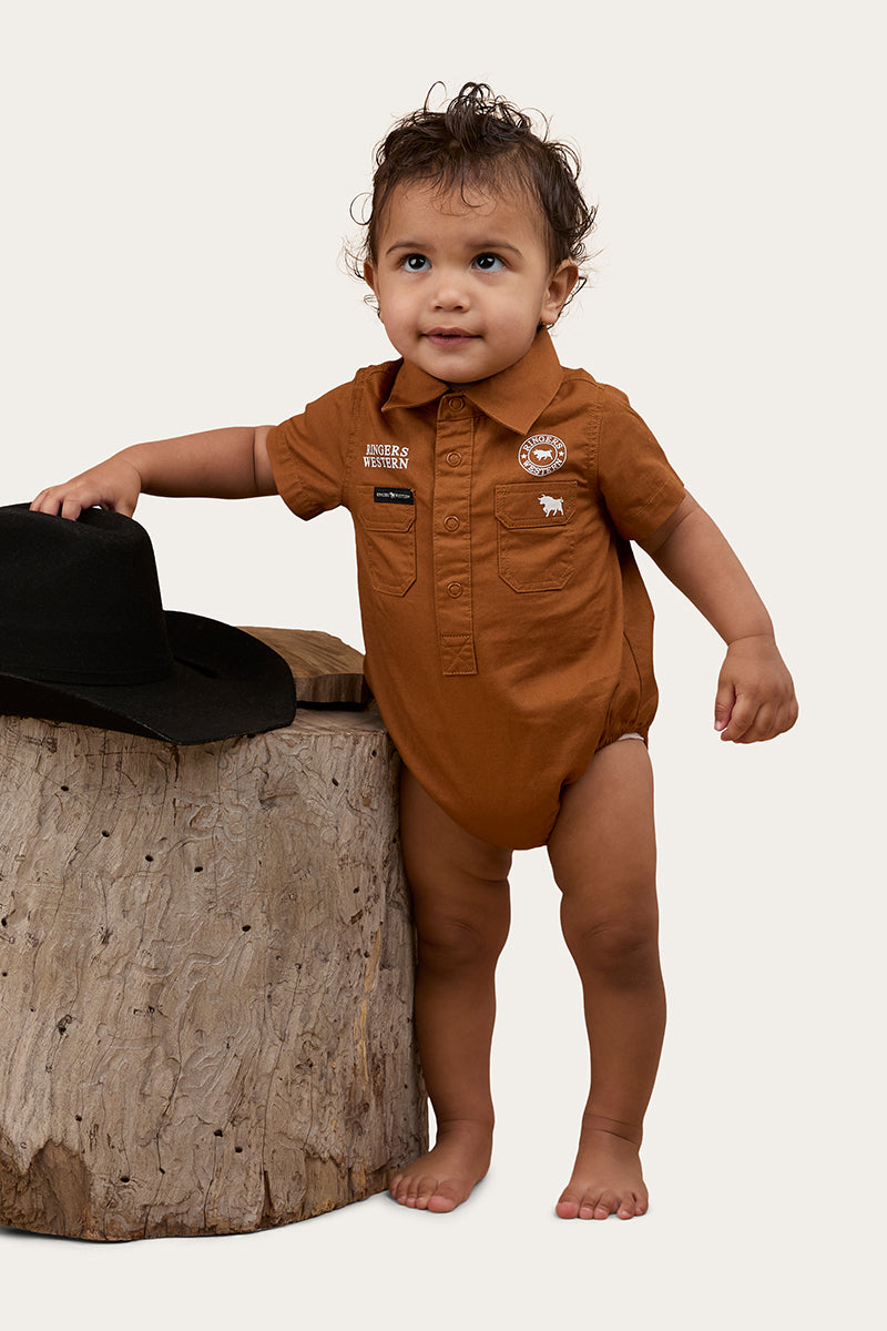 Ringers Babies Short Sleeve Work Shirt Romper - Tobacco / White
