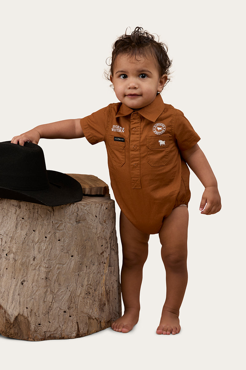 Ringers Babies Short Sleeve Work Shirt Romper - Tobacco / White