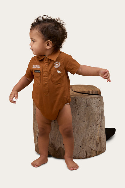 Ringers Babies Short Sleeve Work Shirt Romper - Tobacco / White