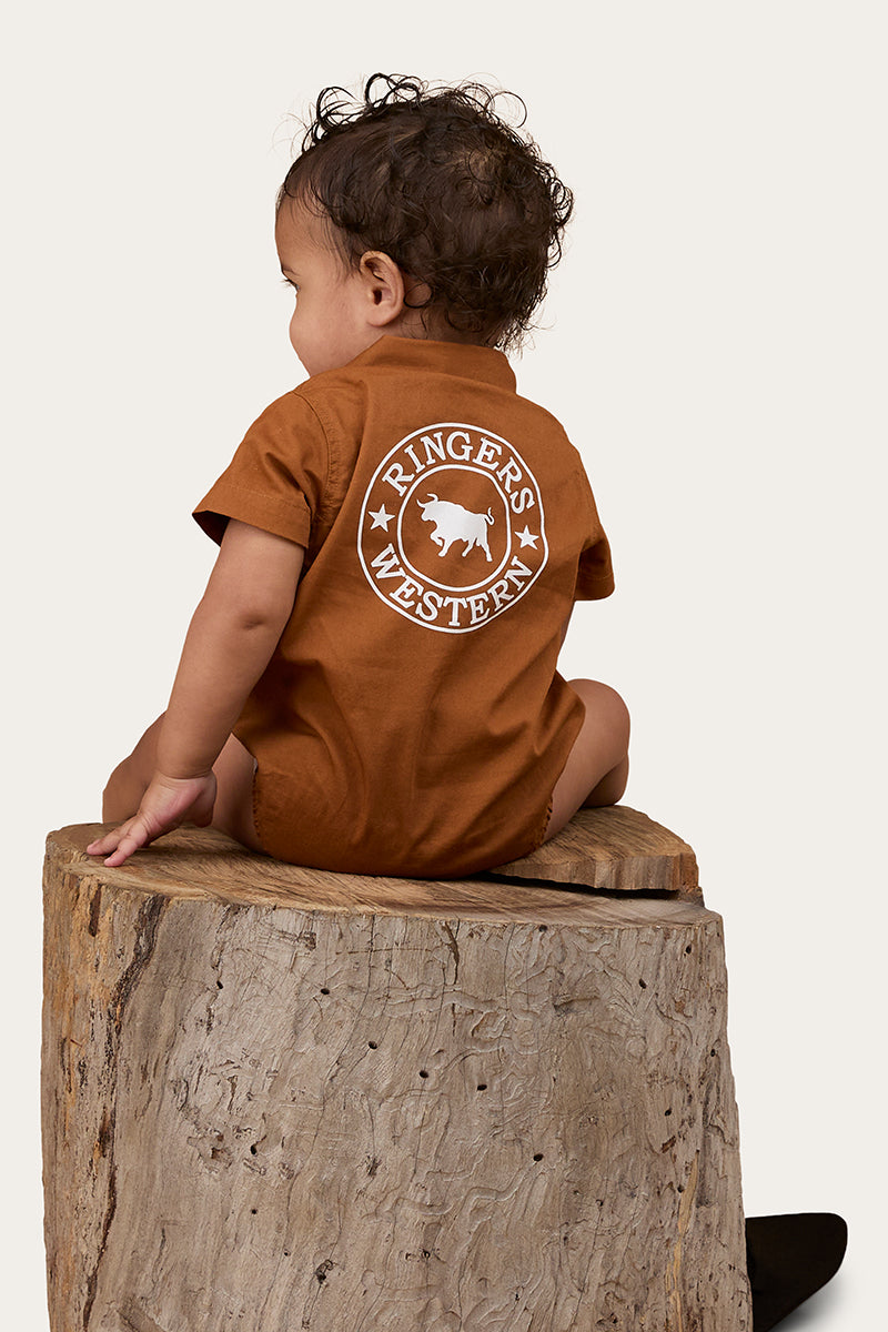 Ringers Babies Short Sleeve Work Shirt Romper - Tobacco / White