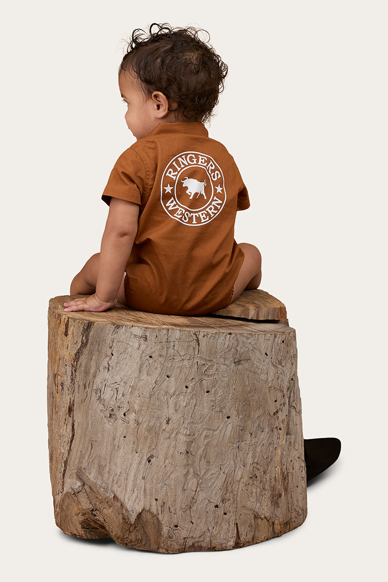 Ringers Babies Short Sleeve Work Shirt Romper - Tobacco / White