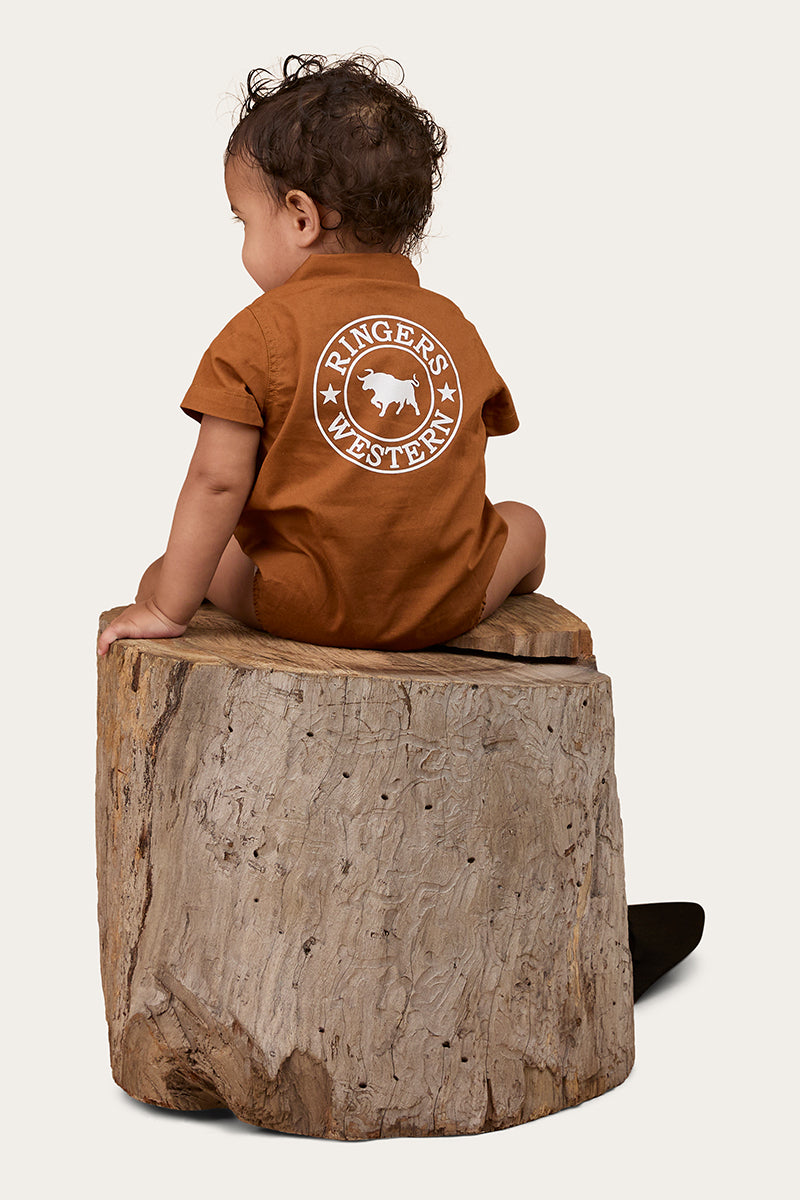 Ringers Babies Short Sleeve Work Shirt Romper - Tobacco / White