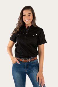 Jules Womens Half Button Short Sleeve Work Shirt - Black/Melon