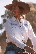 Signature Jillaroo Womens Full Button Work Shirt - White/Navy