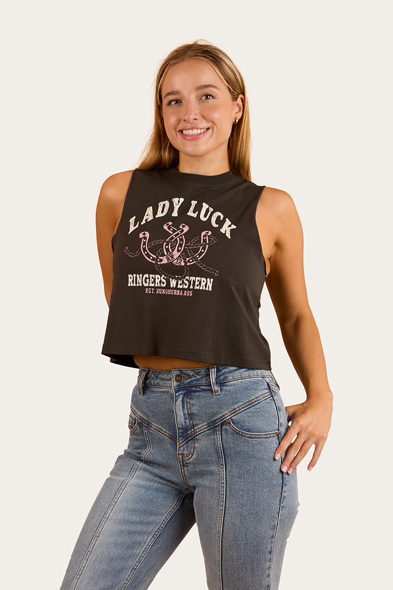 Lady Luck Cropped Muscle Tank - Charcoal