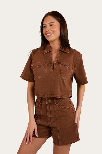 Iris Womens Denim Top - Saddle Brown