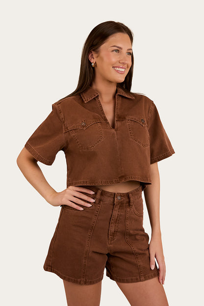 Iris Womens Denim Top - Saddle Brown