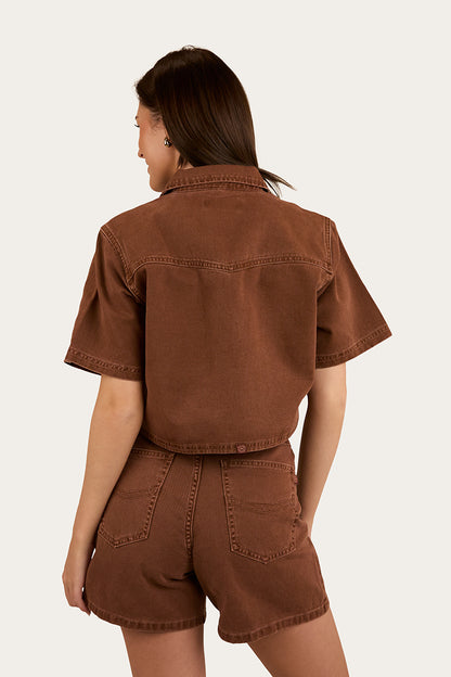 Iris Womens Denim Top - Saddle Brown