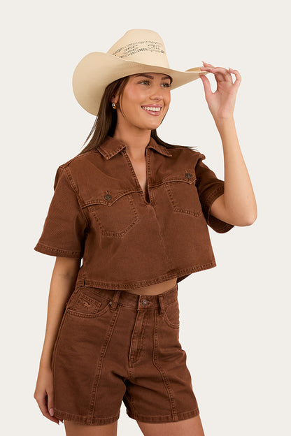 Iris Womens Denim Top - Saddle Brown