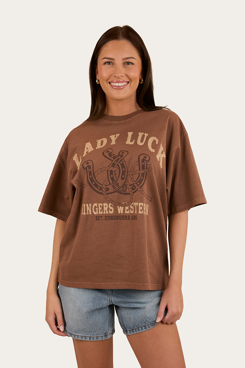 Lady Luck Womens Oversized T-Shirt - Washed Saddle Brown