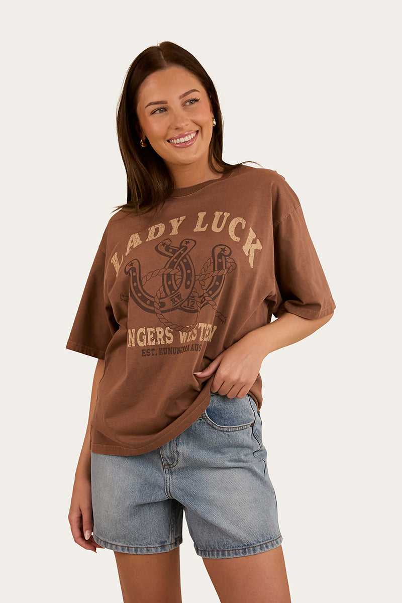 Lady Luck Womens Oversized T-Shirt - Washed Saddle Brown