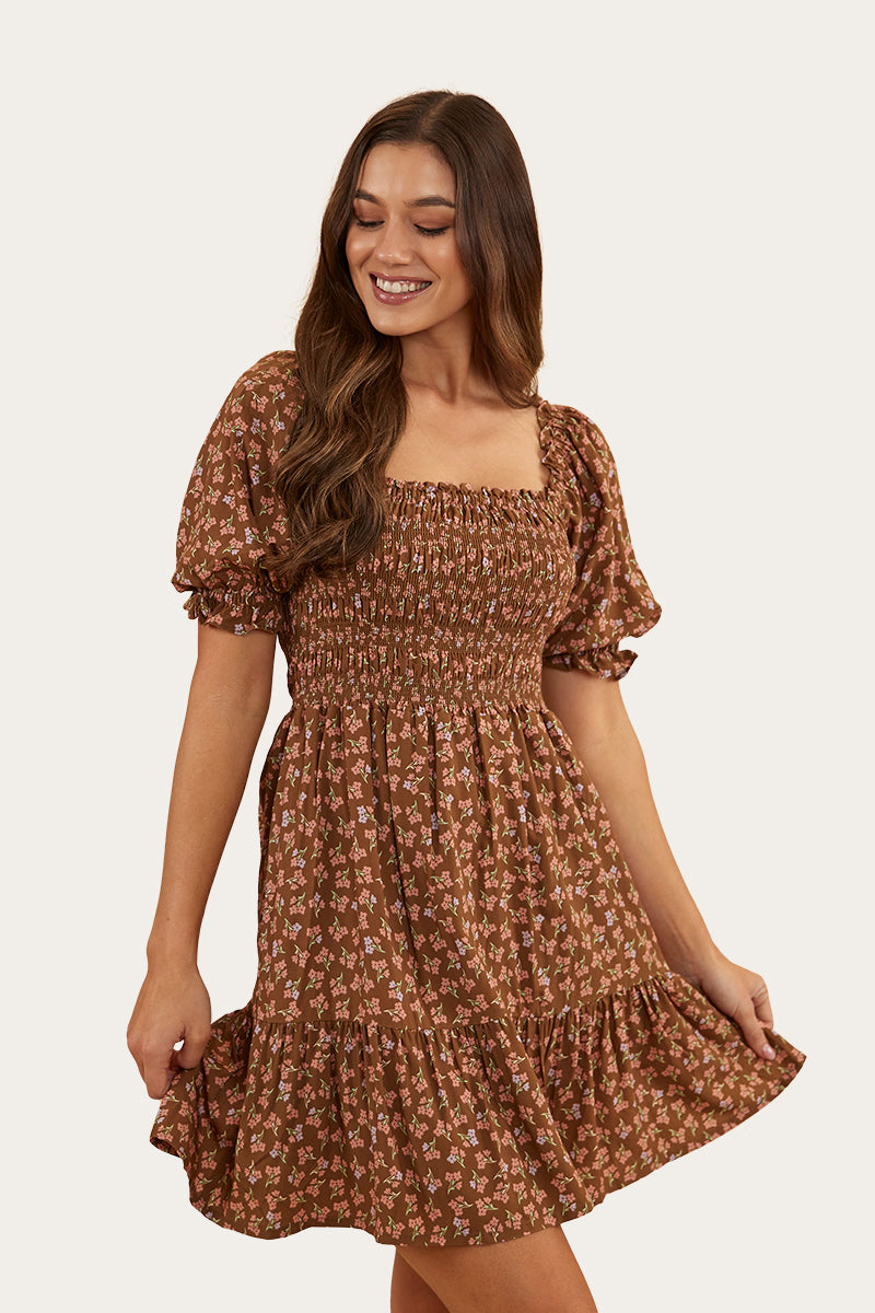 Tahlia Womens Shirred Mini Dress Toffee