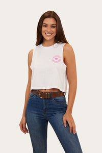 Signature Bull Womens Crop Muscle Tank - White/Candy