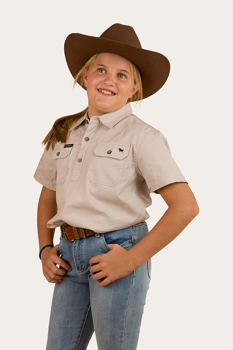 Ord River Kids Half Button Short Sleeve Work Shirt - Beige