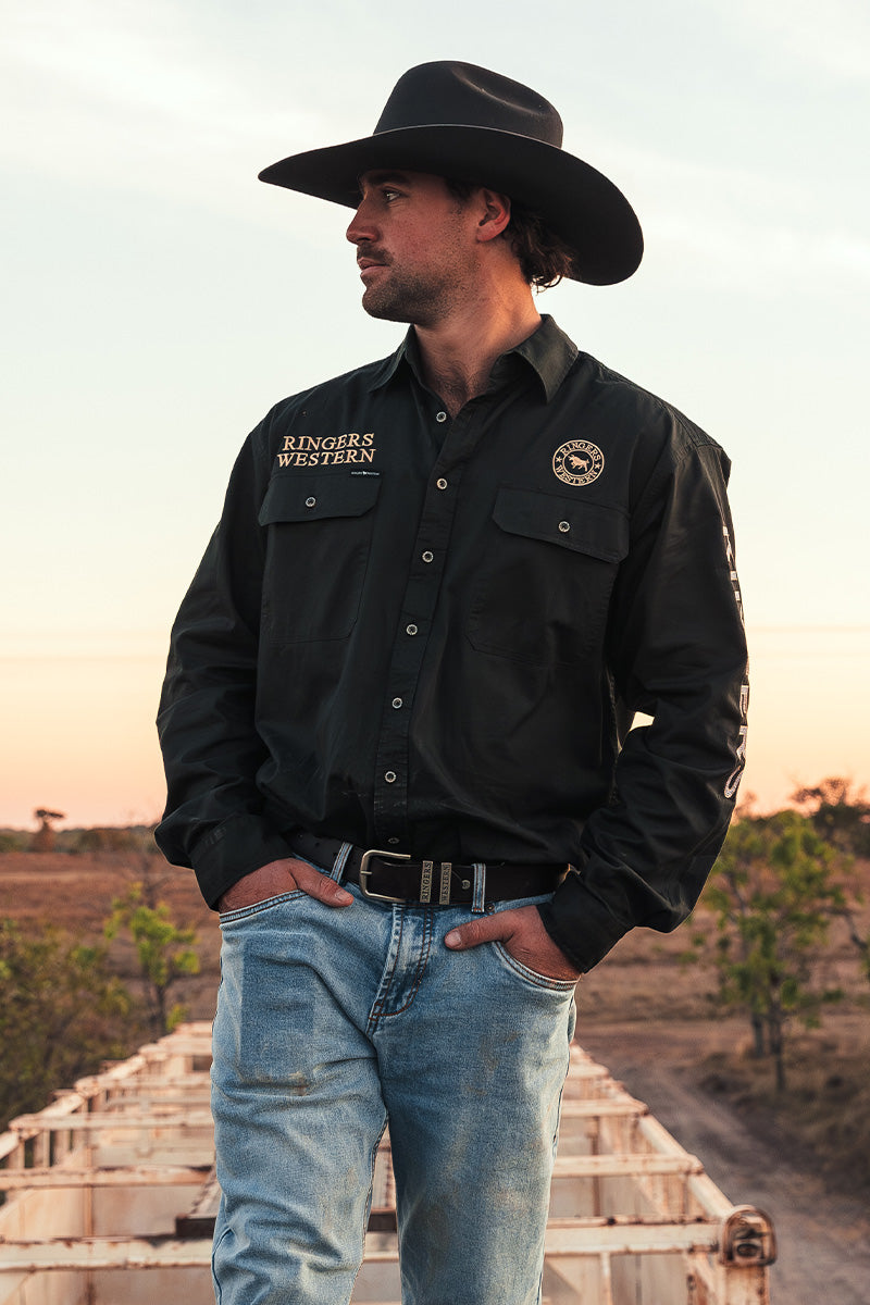 Hawkeye Mens Full Button Work Shirt - Charcoal & Dark Sand