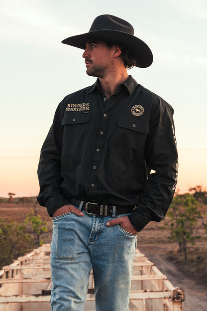 Hawkeye Mens Full Button Work Shirt - Charcoal & Dark Sand