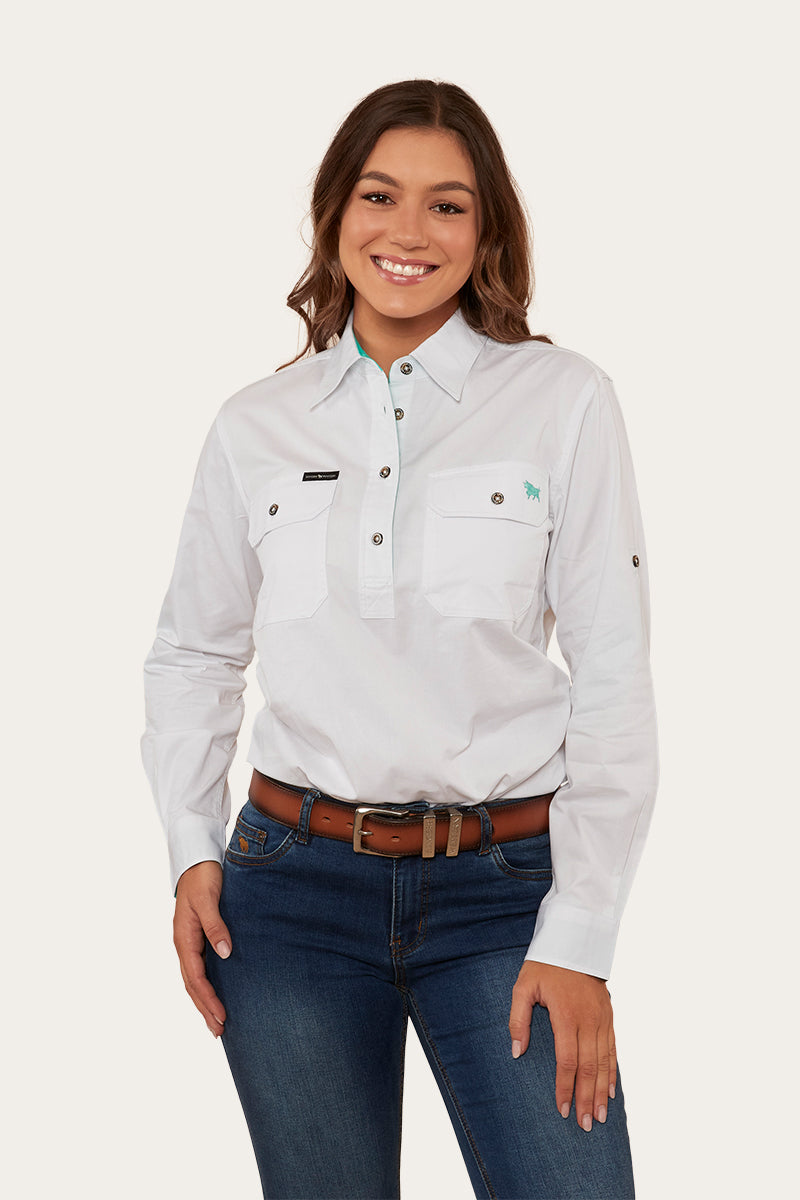 Pentecost River Womens Half Button Work Shirt - White/Mint