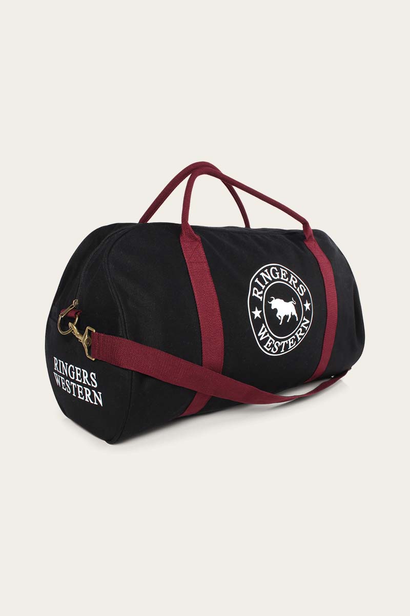 Gundagai Duffle Bag - Black & Maroon with White Print