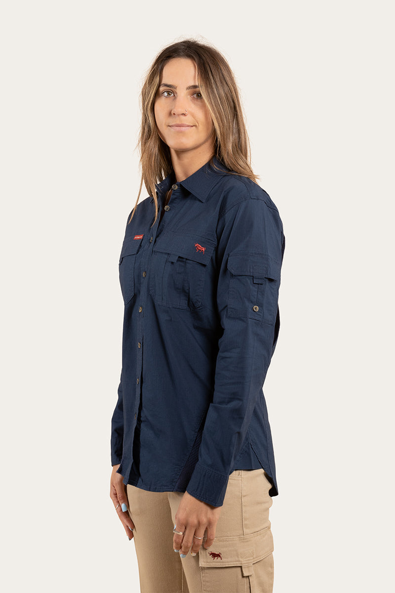 Rosebery Womens Ripstop Full Button Work Shirt - Dark Navy