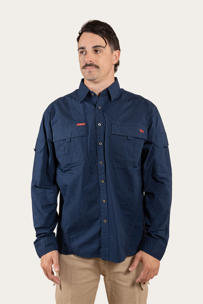 Pilbara Mens Ripstop Full Button Work Shirt - Dark Navy