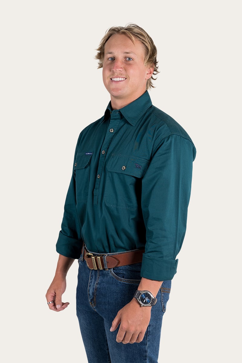 King River Mens Half Button Work Shirt - Groundsheet Green