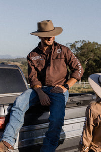 Hawkeye Mens Full Button Work Shirt - Chocolate/White