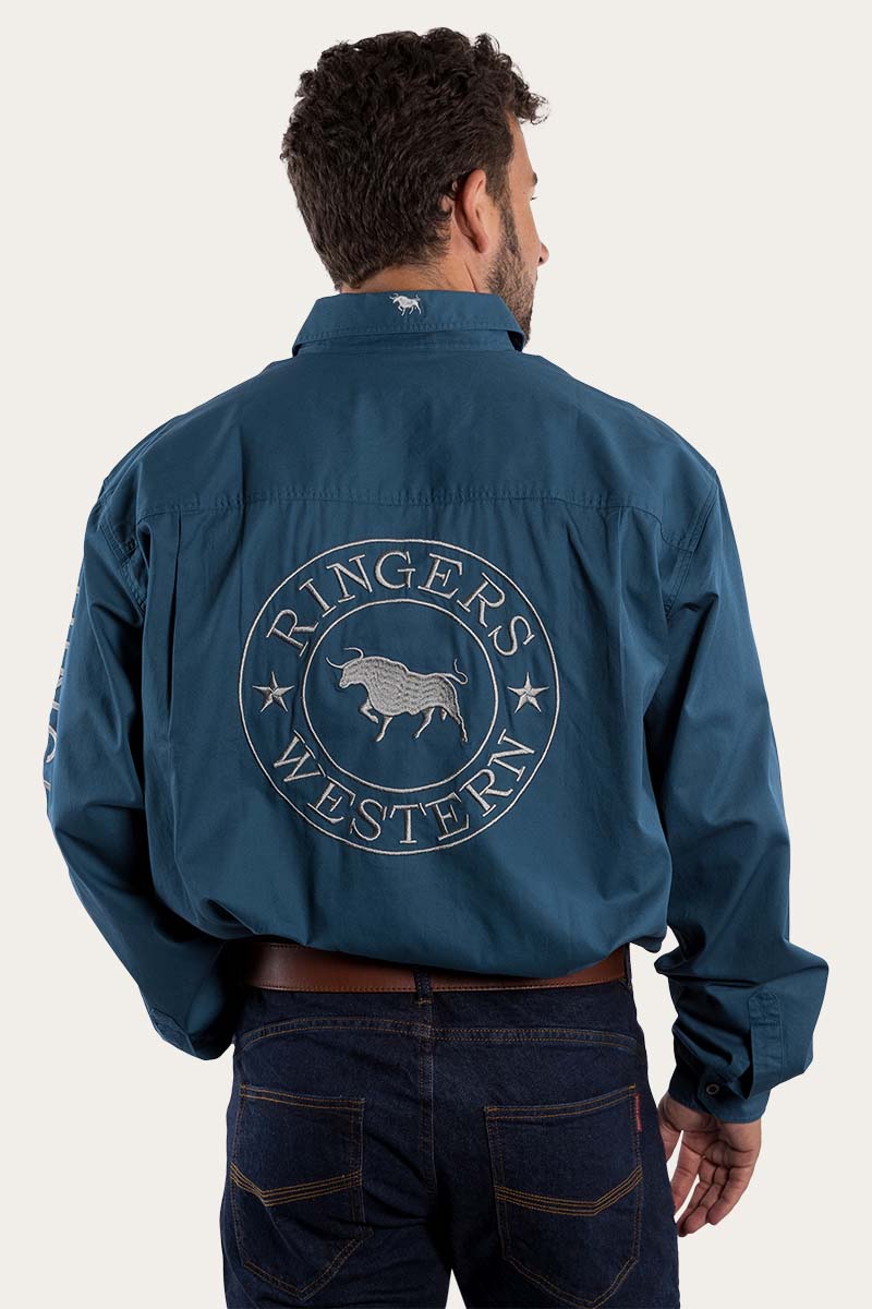 Hawkeye Mens Full Button Work Shirt - Petrol Blue/Ultimate Grey