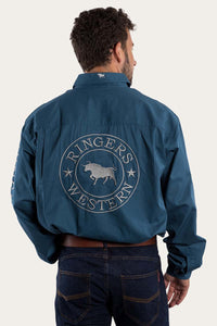 Hawkeye Mens Full Button Work Shirt - Petrol Blue/Ultimate Grey