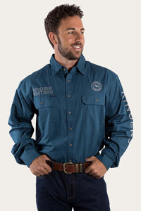 Hawkeye Mens Full Button Work Shirt - Petrol Blue/Ultimate Grey