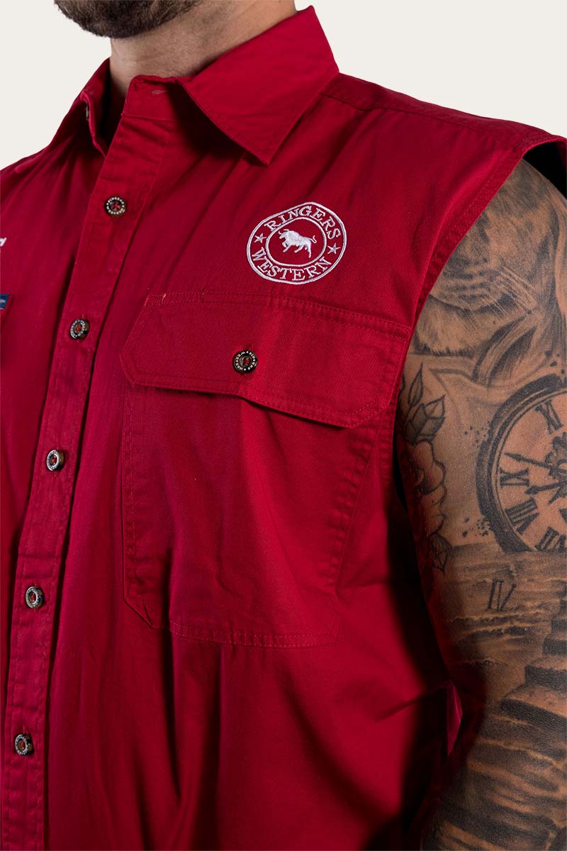 Hawkeye Mens Sleeveless Work Shirt - Dark Red/White