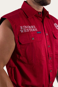Hawkeye Mens Sleeveless Work Shirt - Dark Red/White