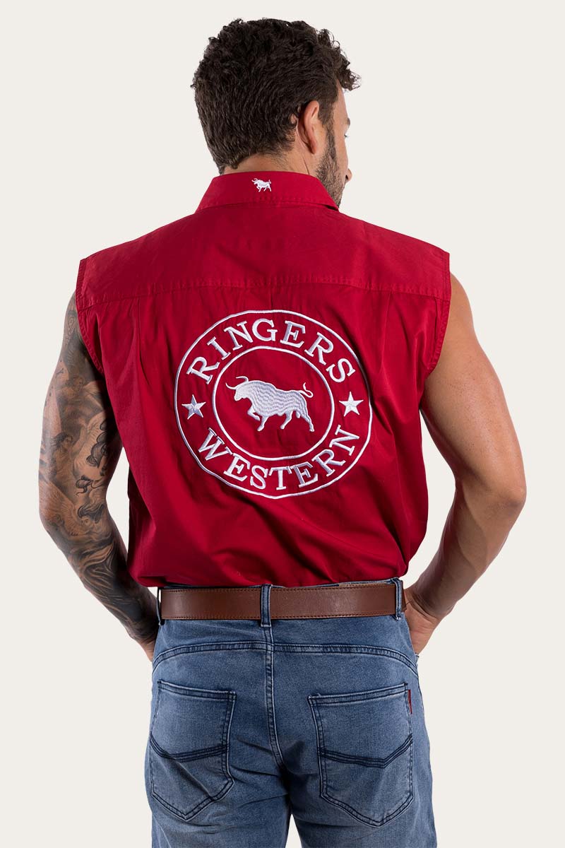 Red denim vest best sale mens